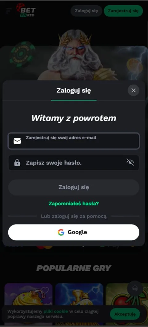 Formularz logowania BetonRed — pola e-mail i hasło